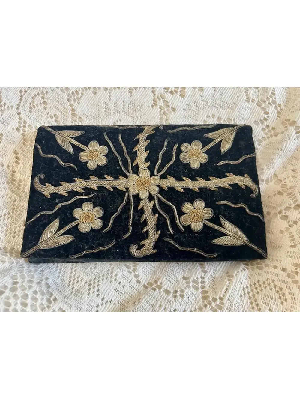 Vintage Black Velvet Clutch with Gold Embroidery
